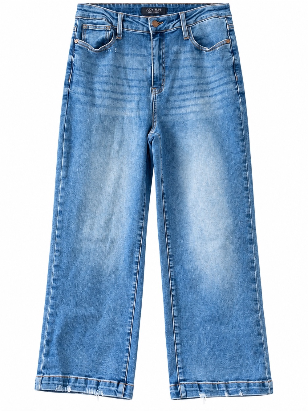 Judy Blue 11/30 High Rise Cropped Wide Leg Jeans Distressed Hem Medium Wash